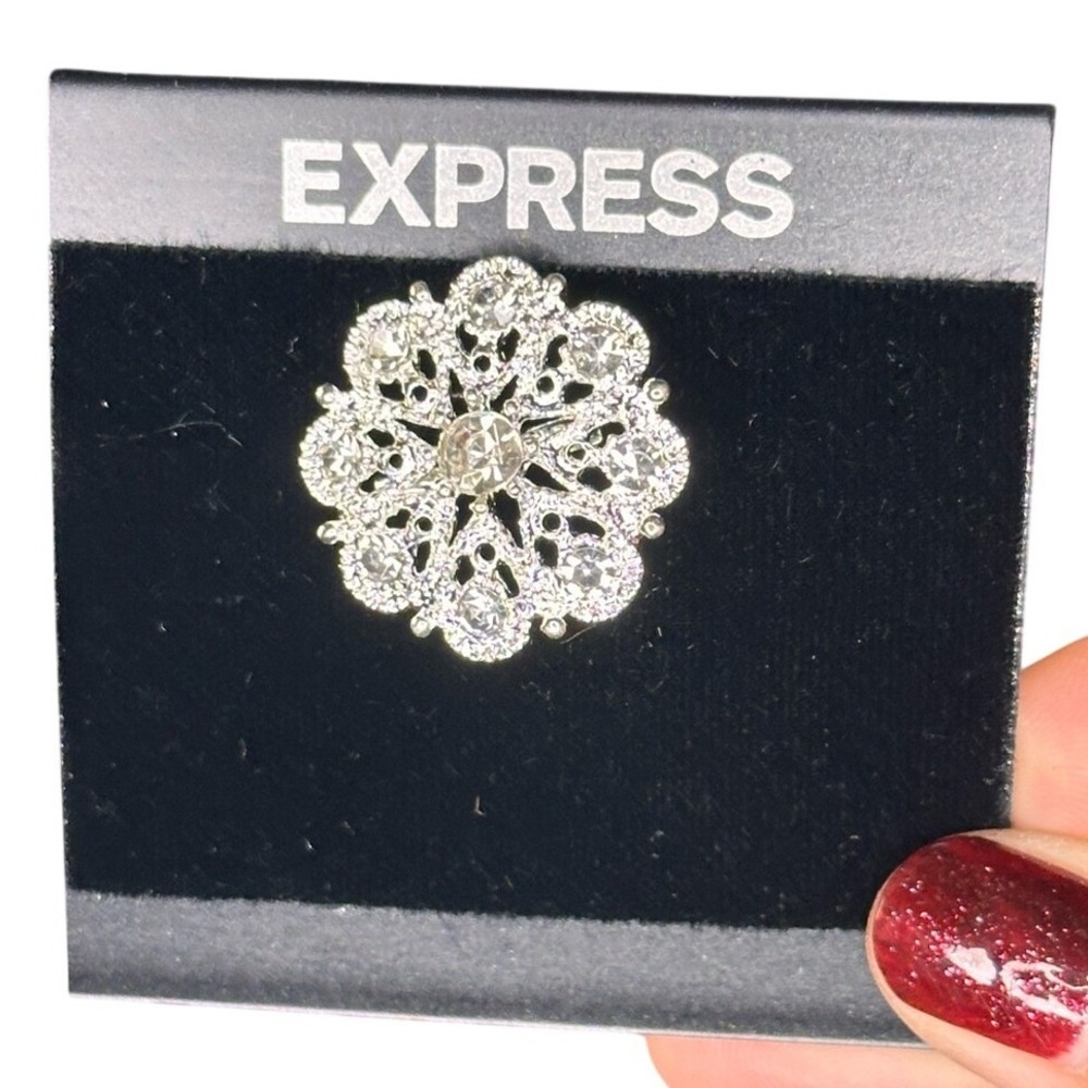 Express Silver Tone Embellished Rhinestone Flower Brooch 1" Pin Accessory NWT